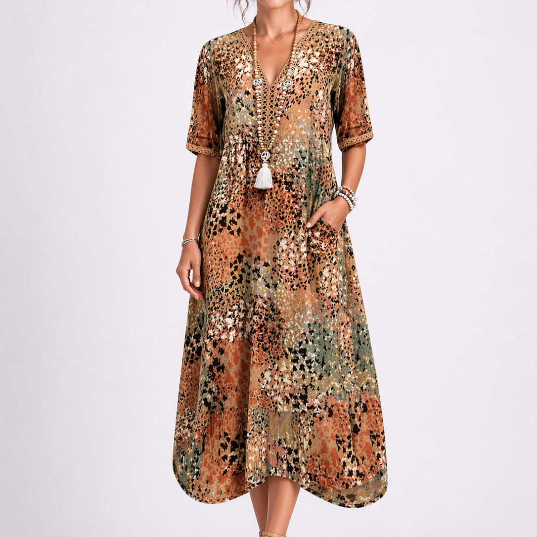Jolijn | Zomerjurk dames midi met bloemenprint - Zand & Beige