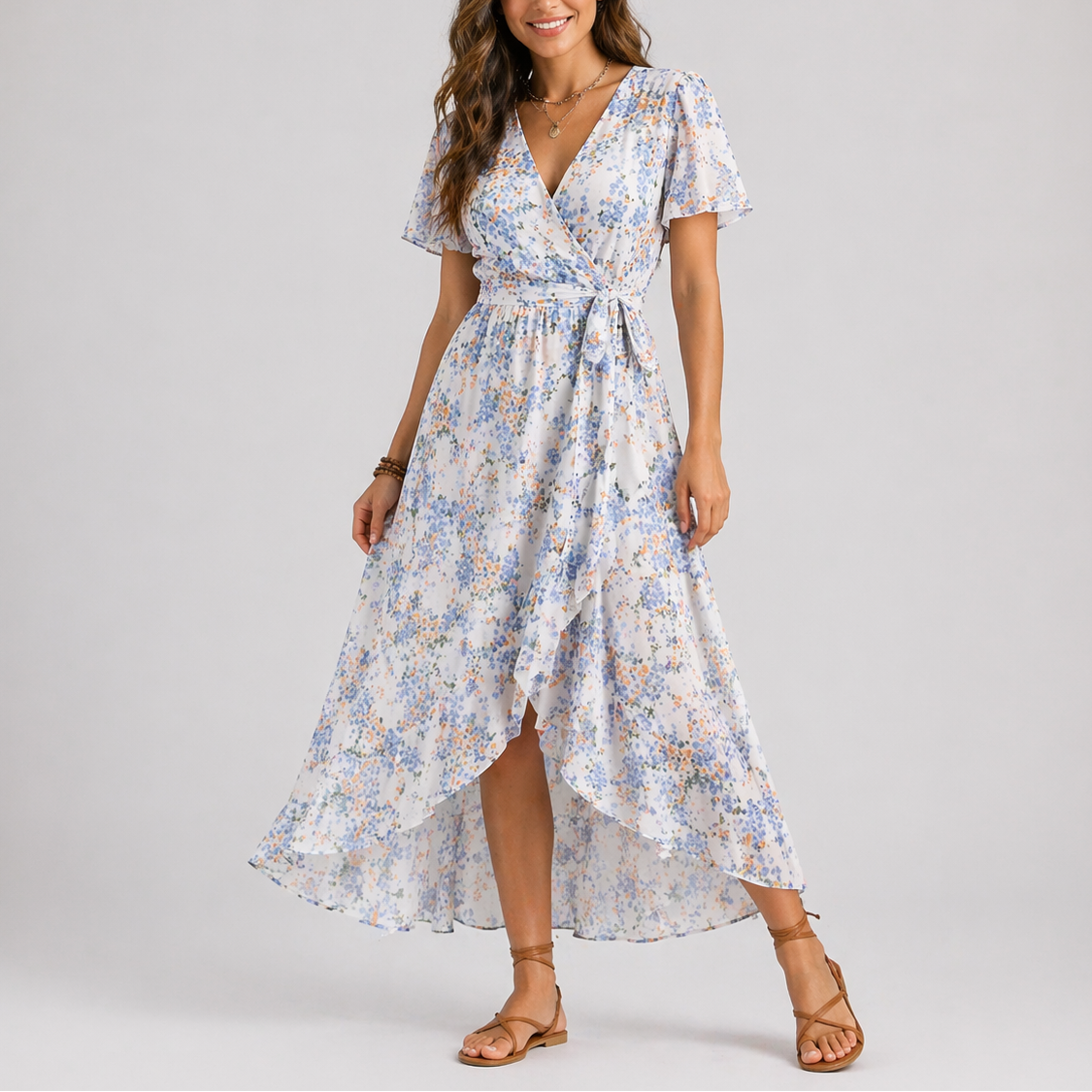 Jolijn | Zomerse midi jurk met bloemenprint - Blauw & wit