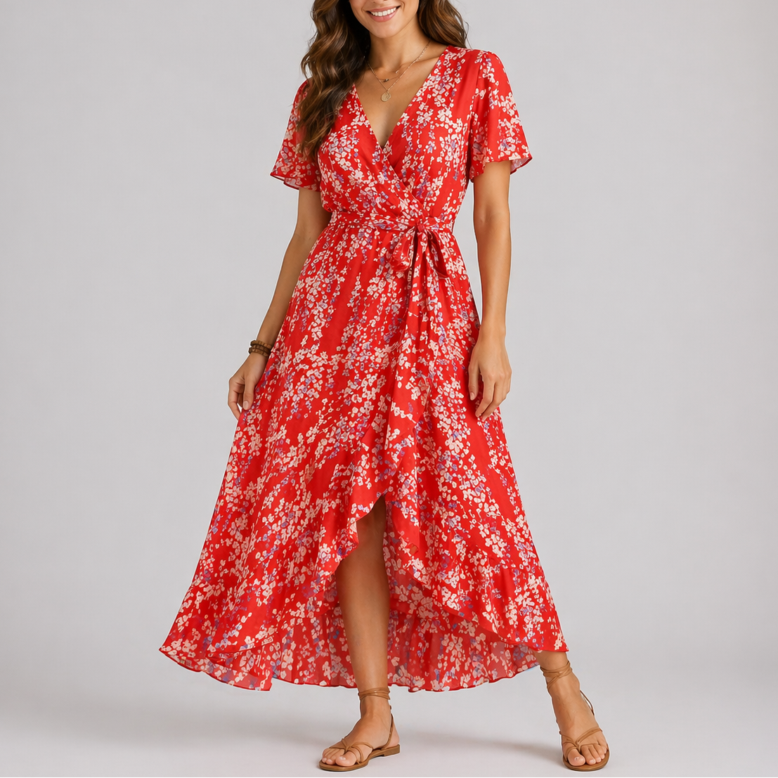 Jolijn | Zomerse midi jurk met bloemenprint - Rode loper