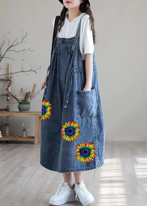 Josine | Losse spijkerjurk dames met zakken - Blauw-zonnebloem