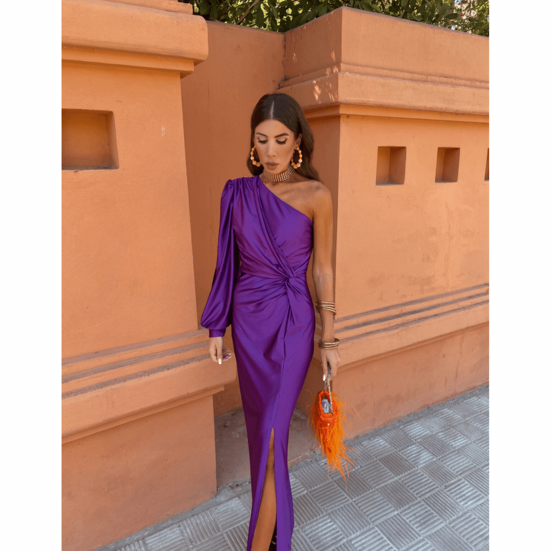 Josine | Satijnen galajurk met one-shoulder en split - Lavendel