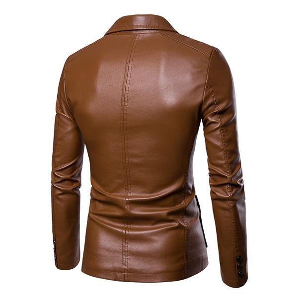 Veste en cuir slim fit vintage à deux boutons et col à revers pour hommes