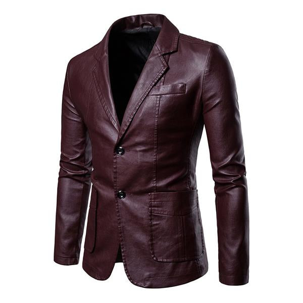 Veste en cuir slim fit vintage à deux boutons et col à revers pour hommes