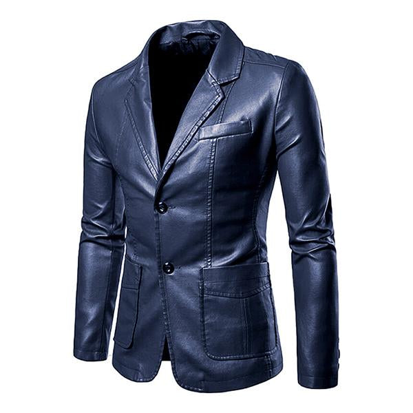 Veste en cuir slim fit vintage à deux boutons et col à revers pour hommes