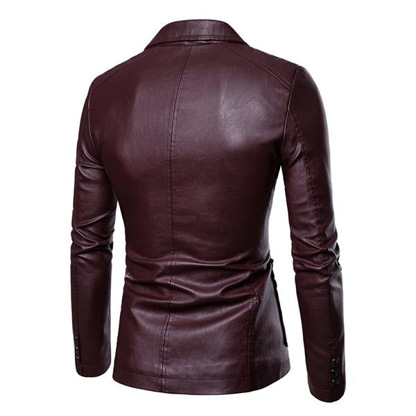 Veste en cuir slim fit vintage à deux boutons et col à revers pour hommes