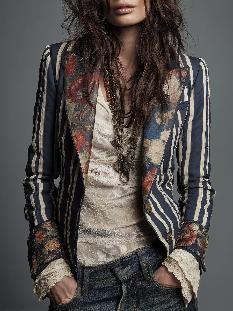 Judith | Blazer voor dames met bloemenprint en strepen - Marineblauw