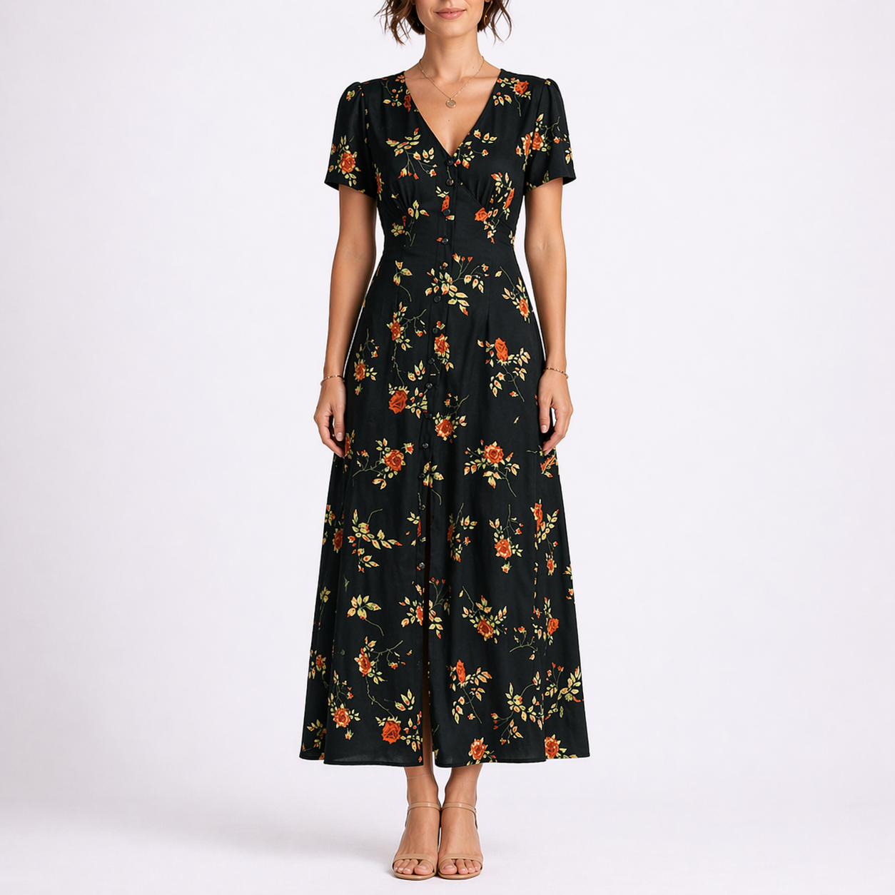 Julia | Midi jurk met bloemenprint en V-hals - view 2
