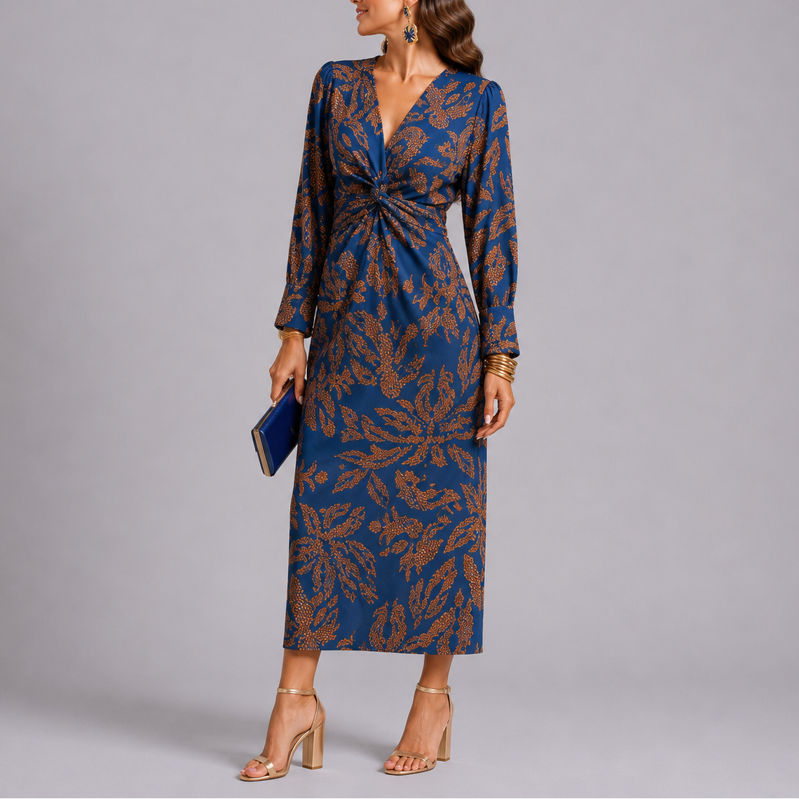 Julia | Midi jurk met bloemenprint en V-hals - Blauw