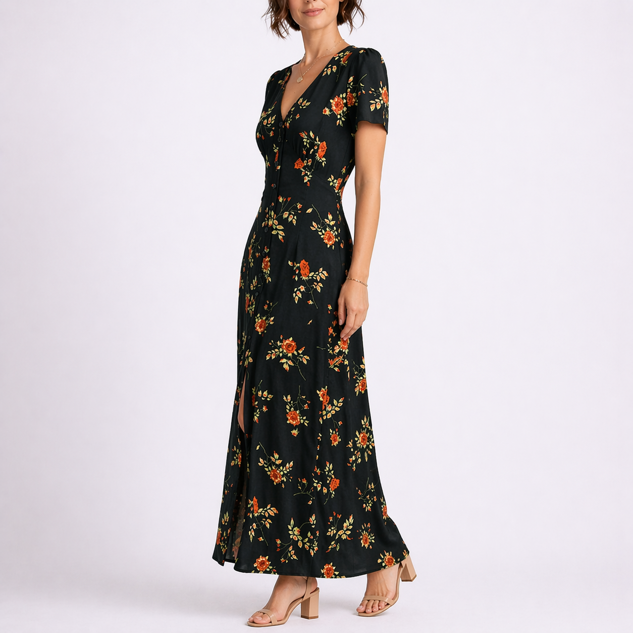 Julia | Midi jurk met bloemenprint en V-hals - Bloemig Zwart