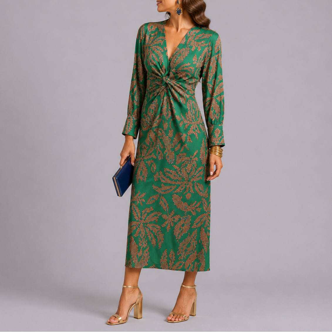 Julia | Midi jurk met bloemenprint en V-hals - Groen
