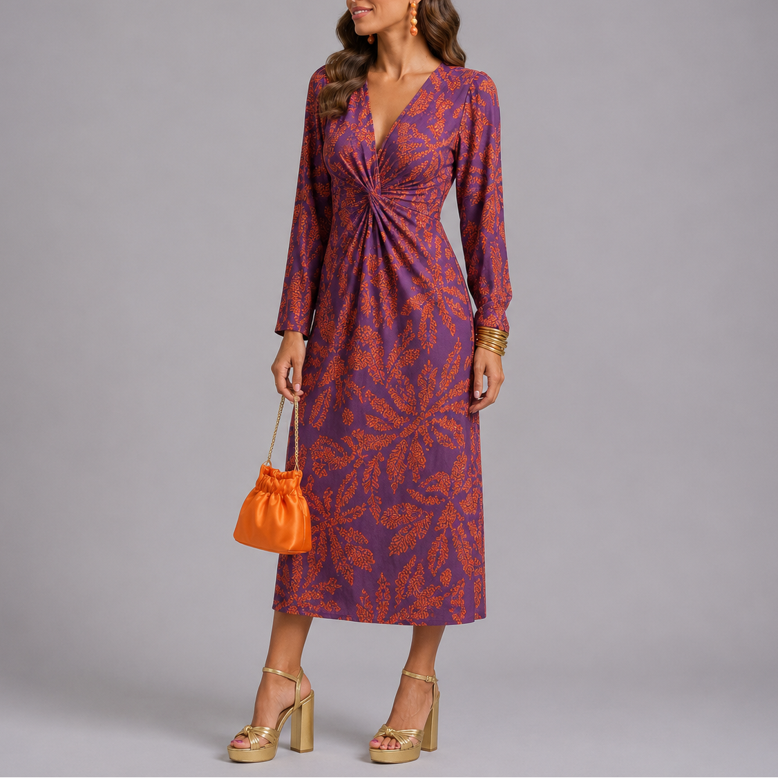 Julia | Midi jurk met bloemenprint en V-hals - Paars