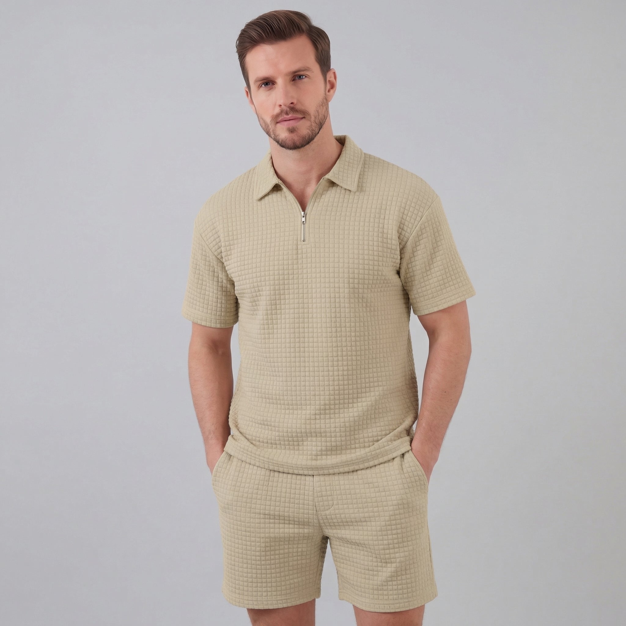 Koen | Wafelknit set voor heren met polo en korte broek - Beige