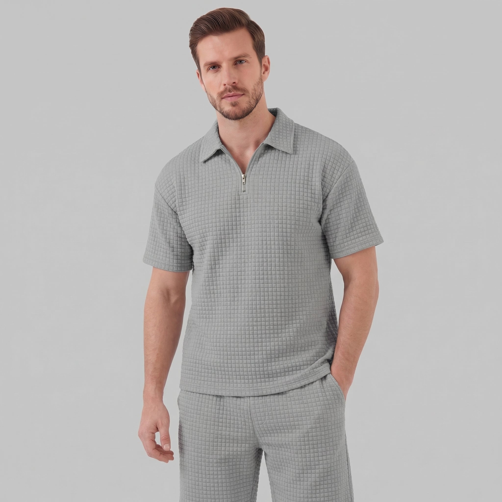 Koen | Wafelknit set voor heren met polo en korte broek - Grijs