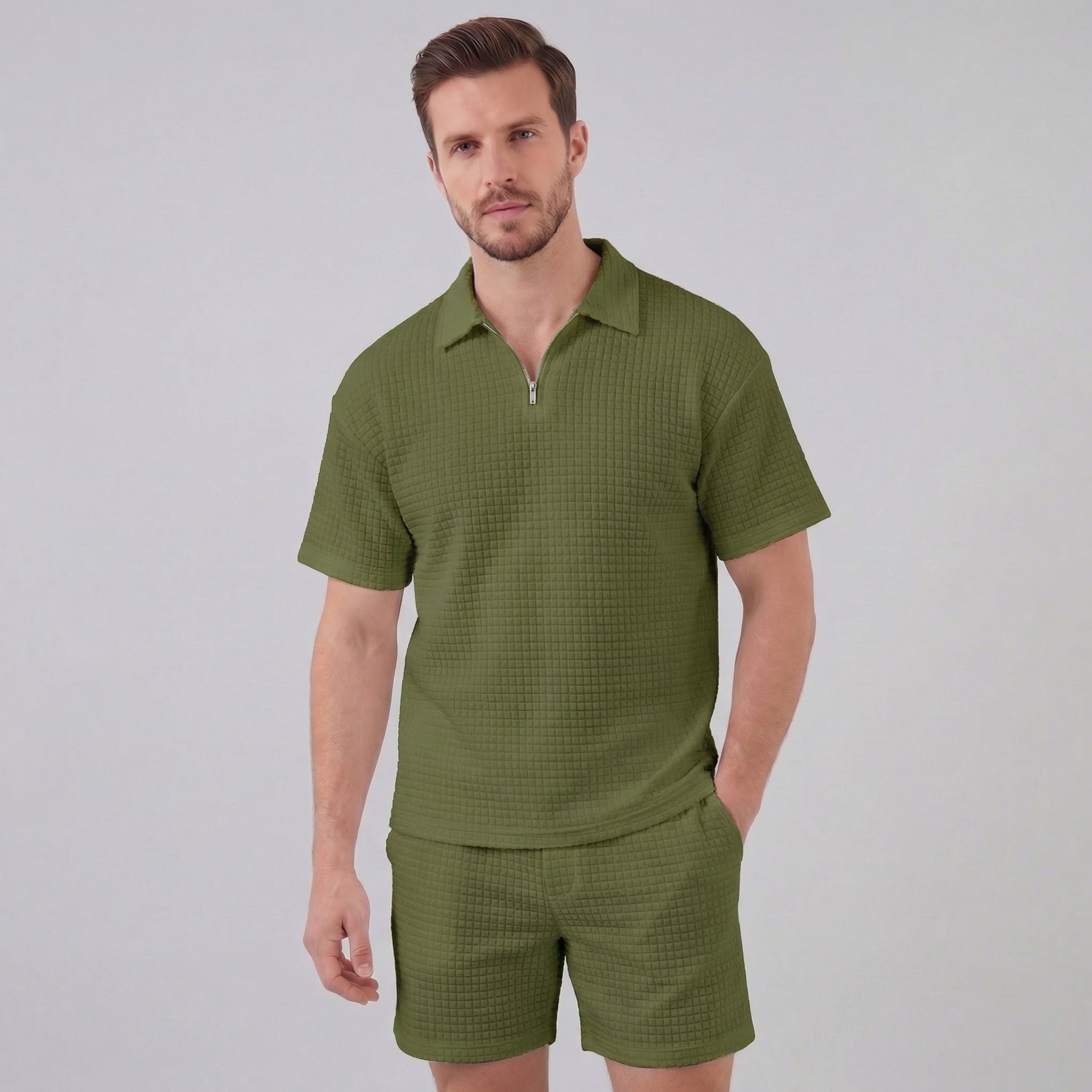 Koen | Wafelknit set voor heren met polo en korte broek - Groen
