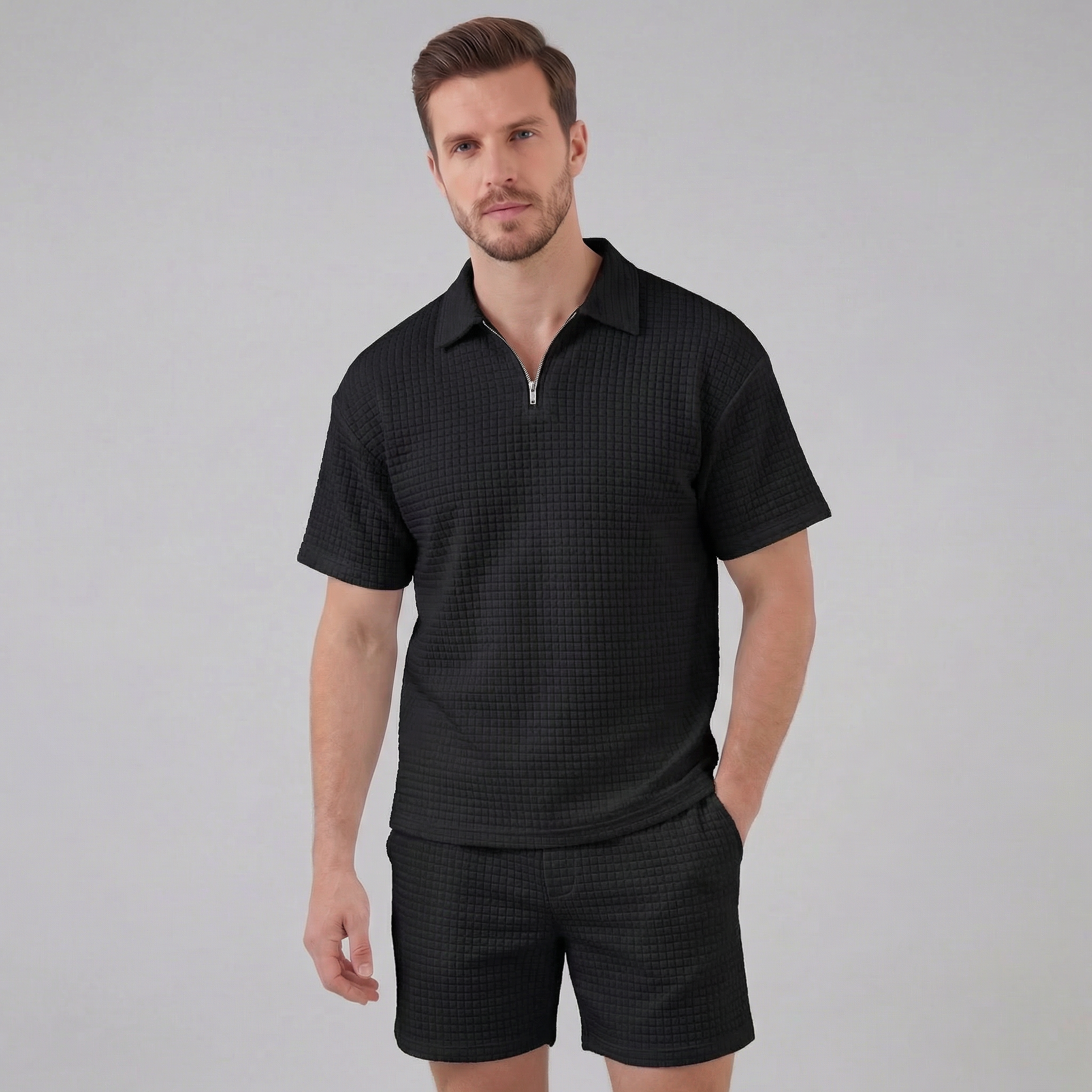 Koen | Wafelknit set voor heren met polo en korte broek - Zwart