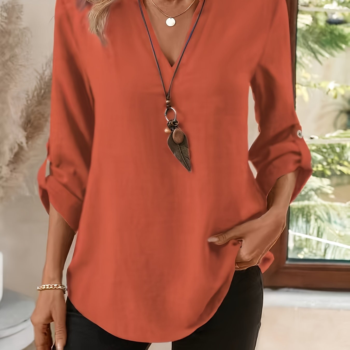 Lara | Blouse met V-hals voor dames - Baksteenrood