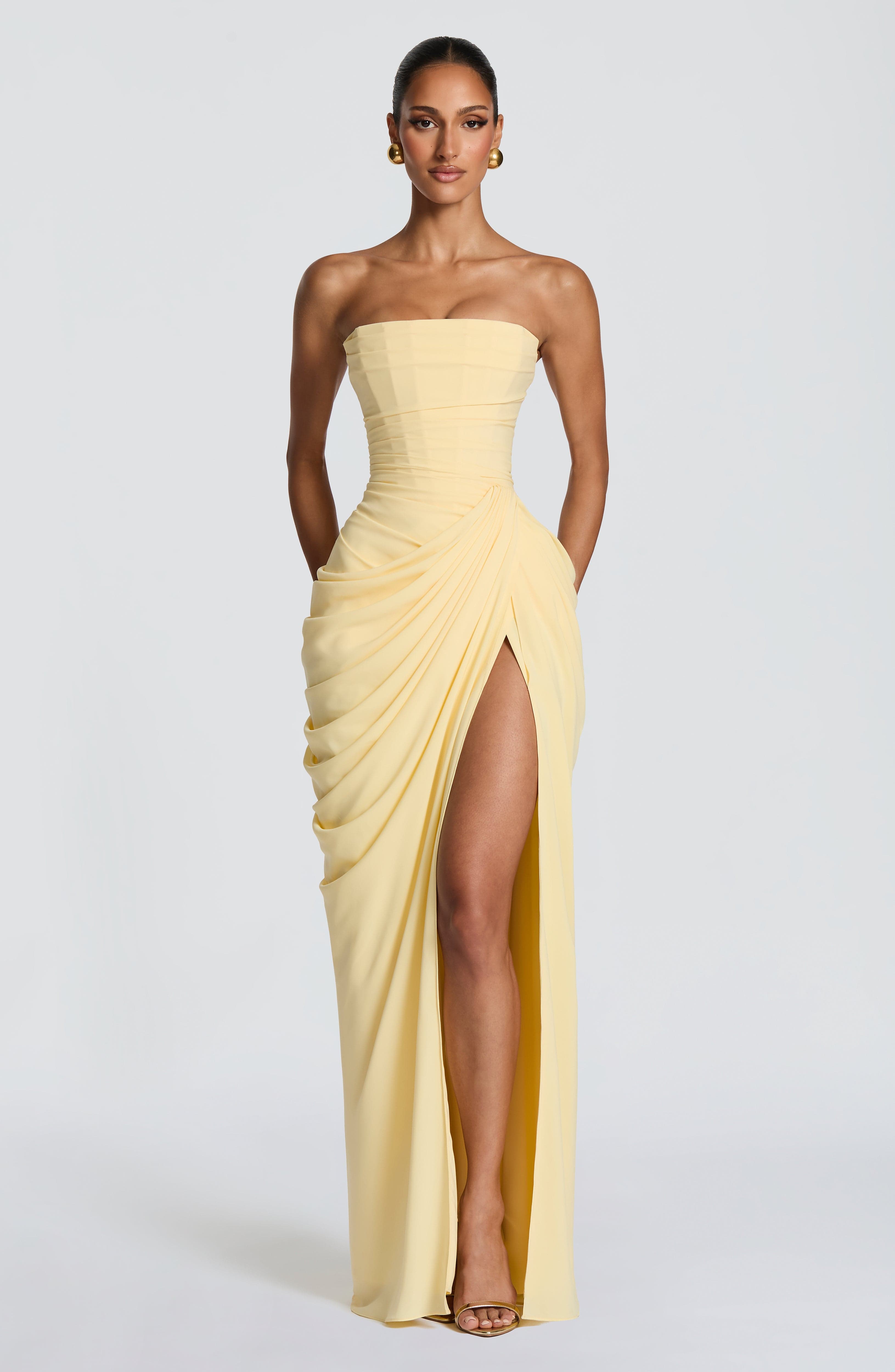 Lauren | Strapless maxi galajurk met split - Geel
