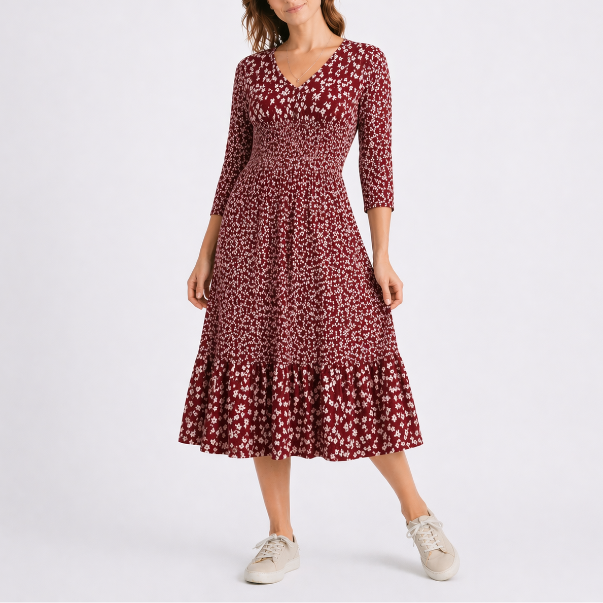 Lieke | Gebloemde midi-jurk voor dames - Rood