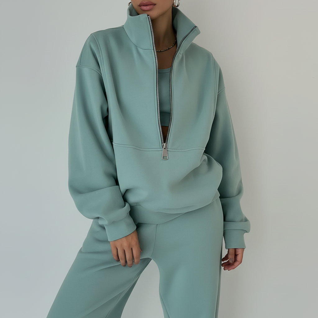 Liv | Sportieve set voor dames met halfzip trui en broek - Groen