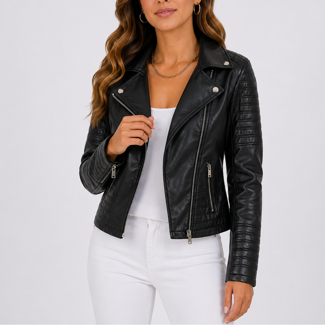 Loes | Imitatieleren bikerjack voor dames - Zwart