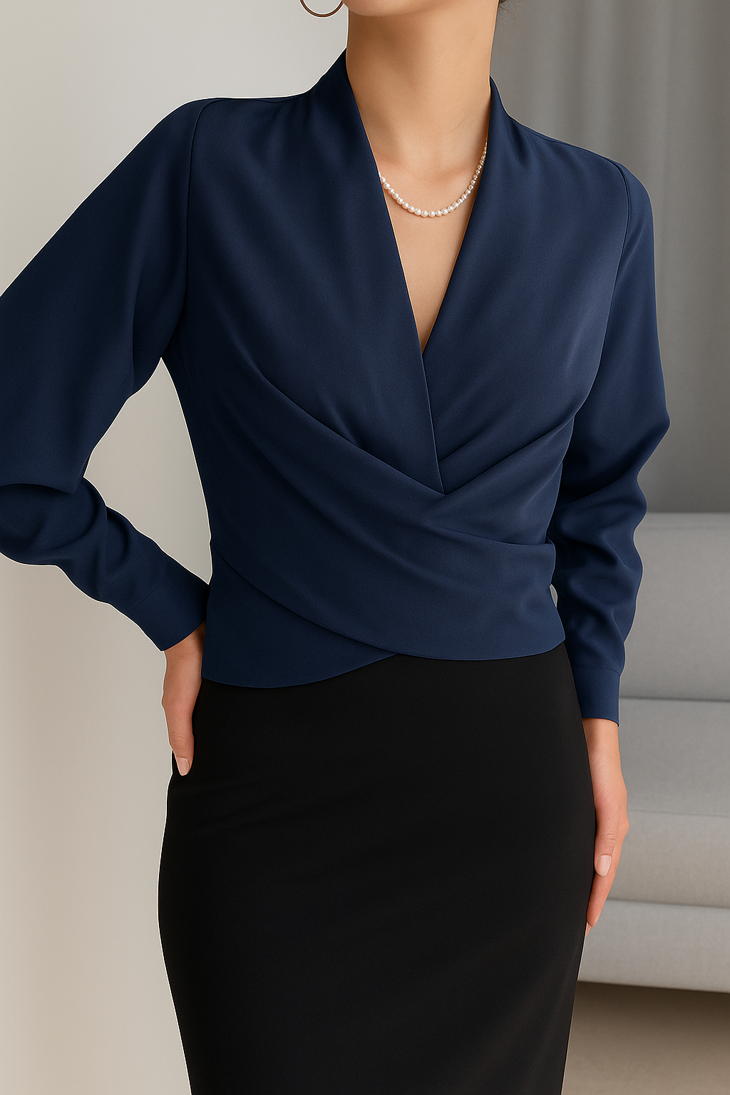 Loes | Satijnen wikkelblouse voor dames - Marineblauw