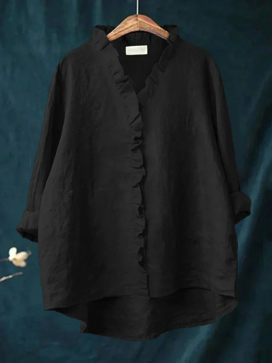Lynn | Blouse met ruches en V-hals voor dames - Zwart