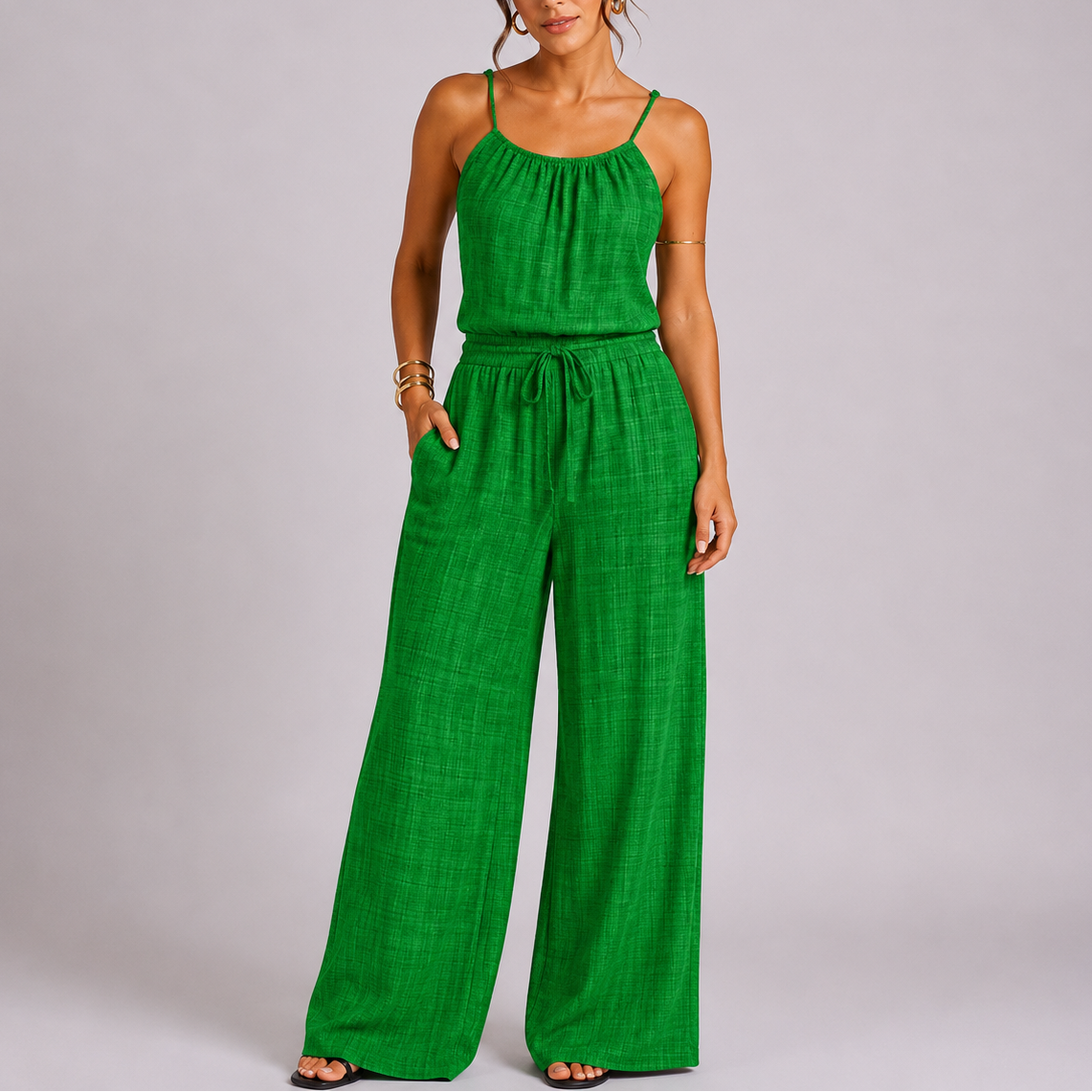 Lynn | Jumpsuit dames met spaghettibandjes en wijde pijpen - Groen