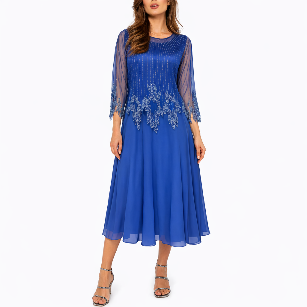 Maaike | Elegante midi jurk met doorschijnende mouwen - Blauw