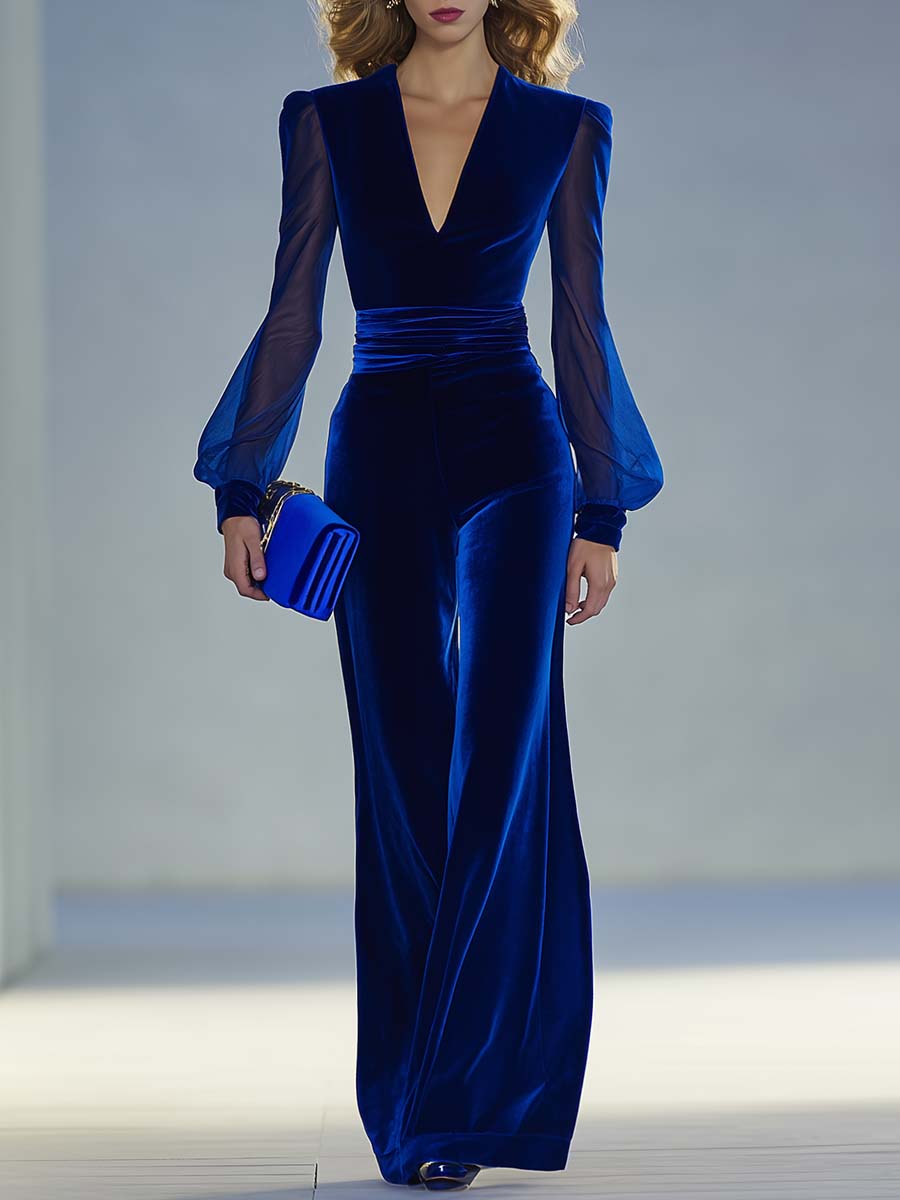 Maaike | Fluwelen jumpsuit voor dames met V-hals - Koningsblauw