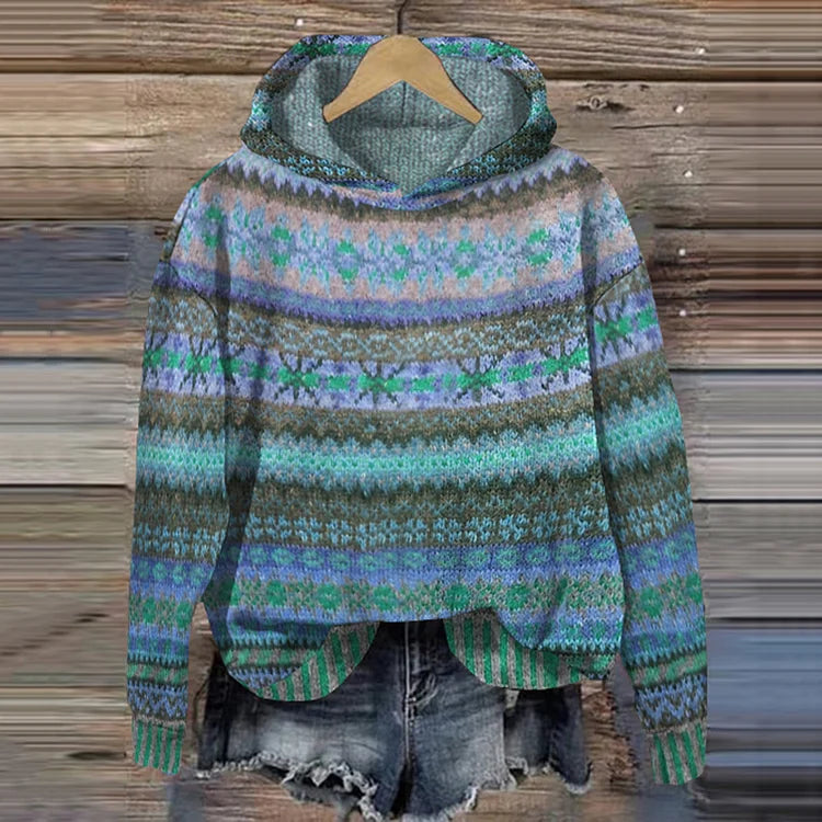 Machteld | Gebreide hoodie met etnische print - Blauw
