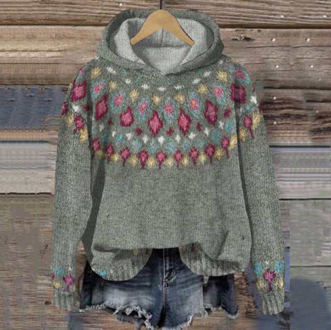 Machteld | Gebreide hoodie met etnische print - Bosgroen