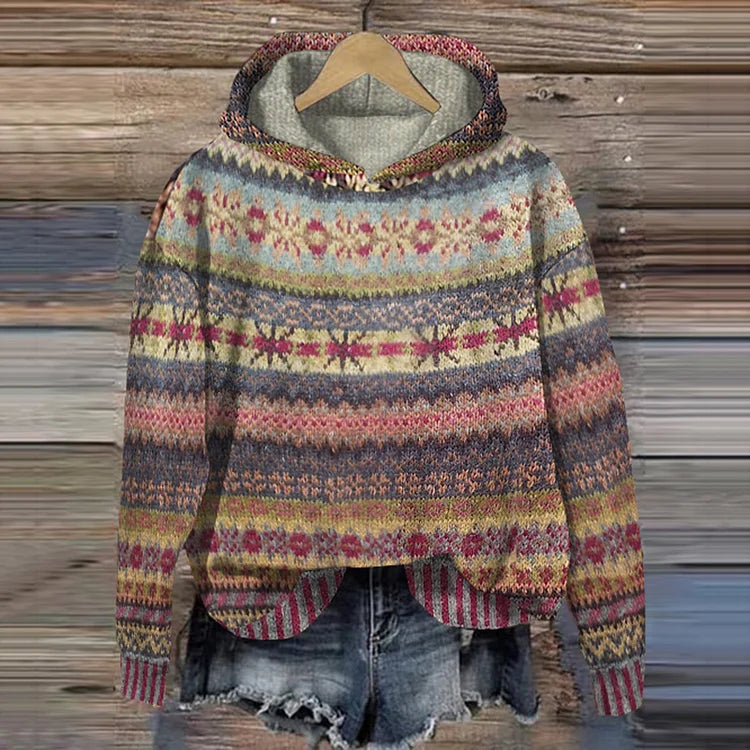 Machteld | Gebreide hoodie met etnische print - Bruin