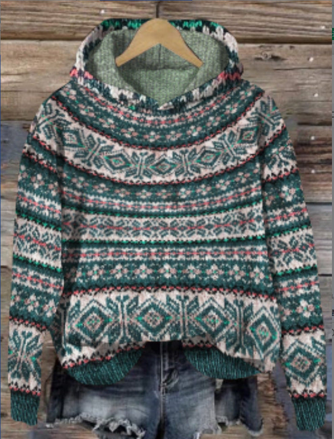 Machteld | Gebreide hoodie met etnische print - Donkergroen