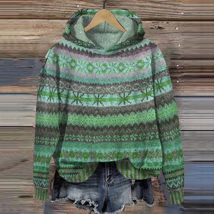 Machteld | Gebreide hoodie met etnische print - Groen