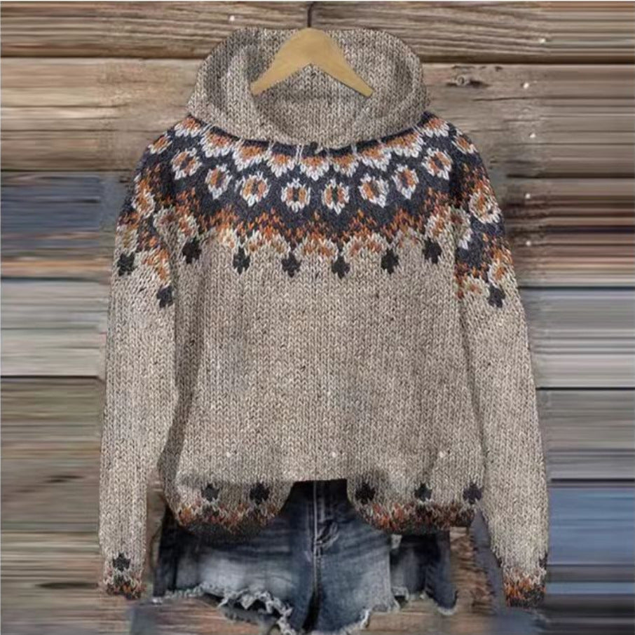 Machteld | Gebreide hoodie met etnische print - Kaki