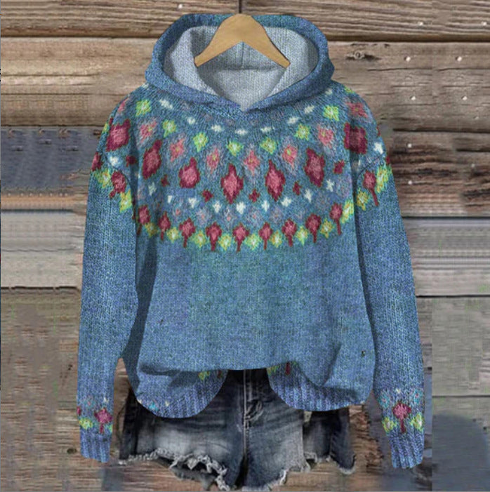 Machteld | Gebreide hoodie met etnische print - Spijkerblauw