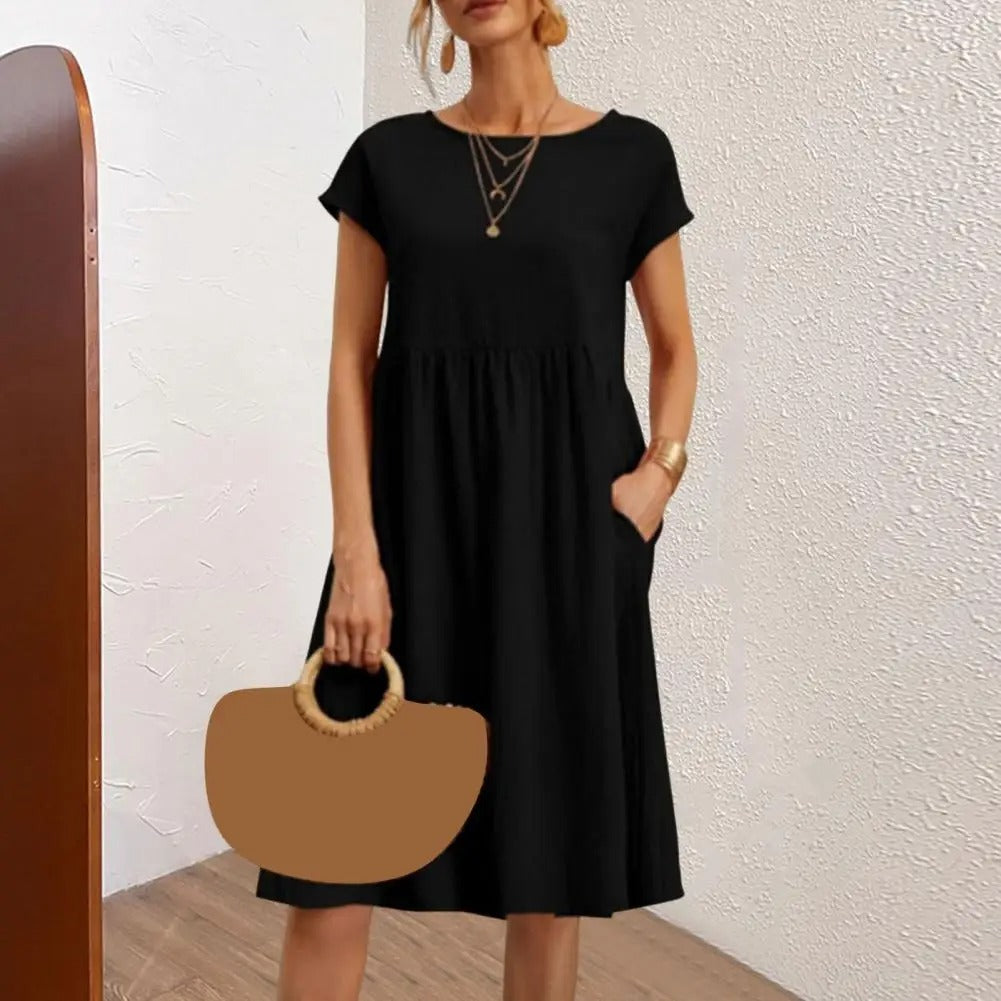 Monique - Stijlvolle Linnen Jurk met Ronde Hals en Korte Mouwen voor Dames