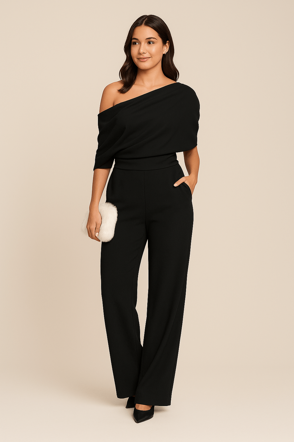 Manon | Getailleerde jumpsuit met blote schouder - Zwart