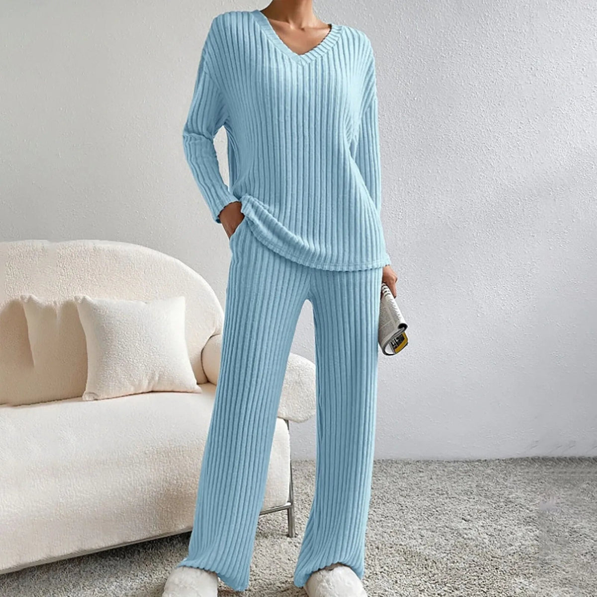Mare | Geribbelde gebreide loungeset voor dames - Turquoise