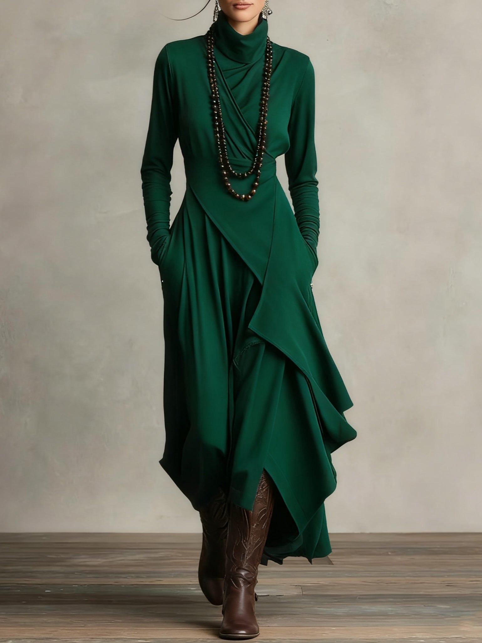Margot | Maxi jurk met hoge hals en lange mouwen - Groen