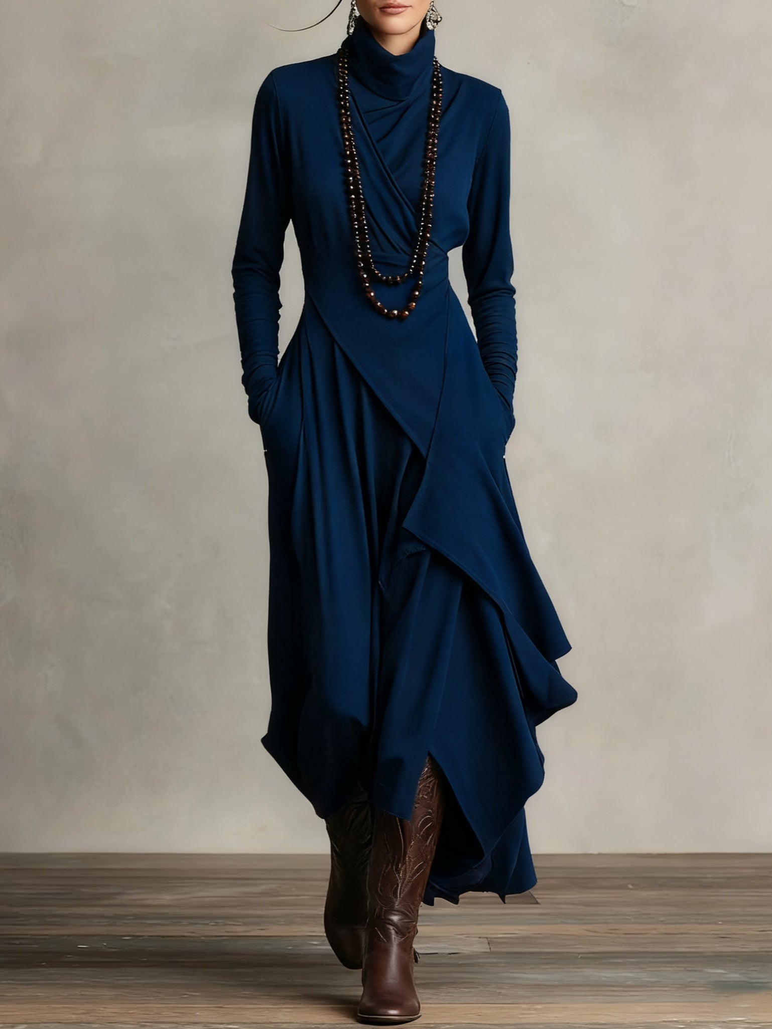 Margot | Maxi jurk met hoge hals en lange mouwen - Marineblauw