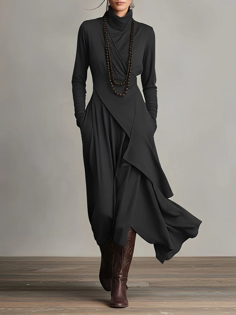 Margot | Maxi jurk met hoge hals en lange mouwen - Zwart