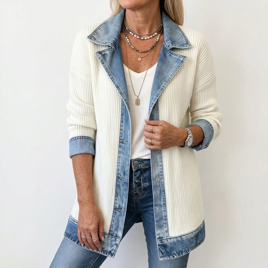 Marieke | Gebreide jas met denim details voor dames - Wit