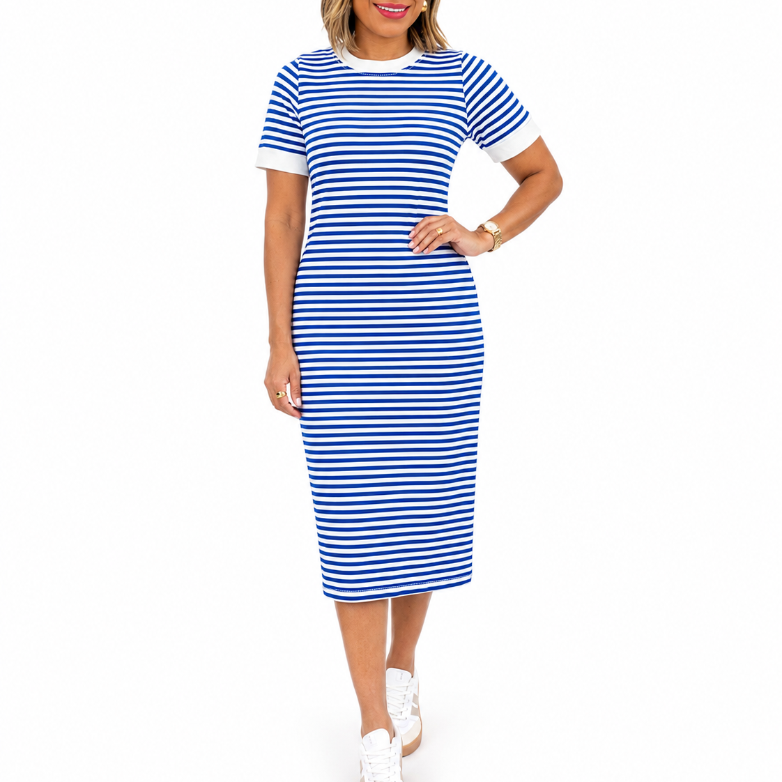 Marije | Gestreepte midi t-shirtjurk voor dames - Blauw