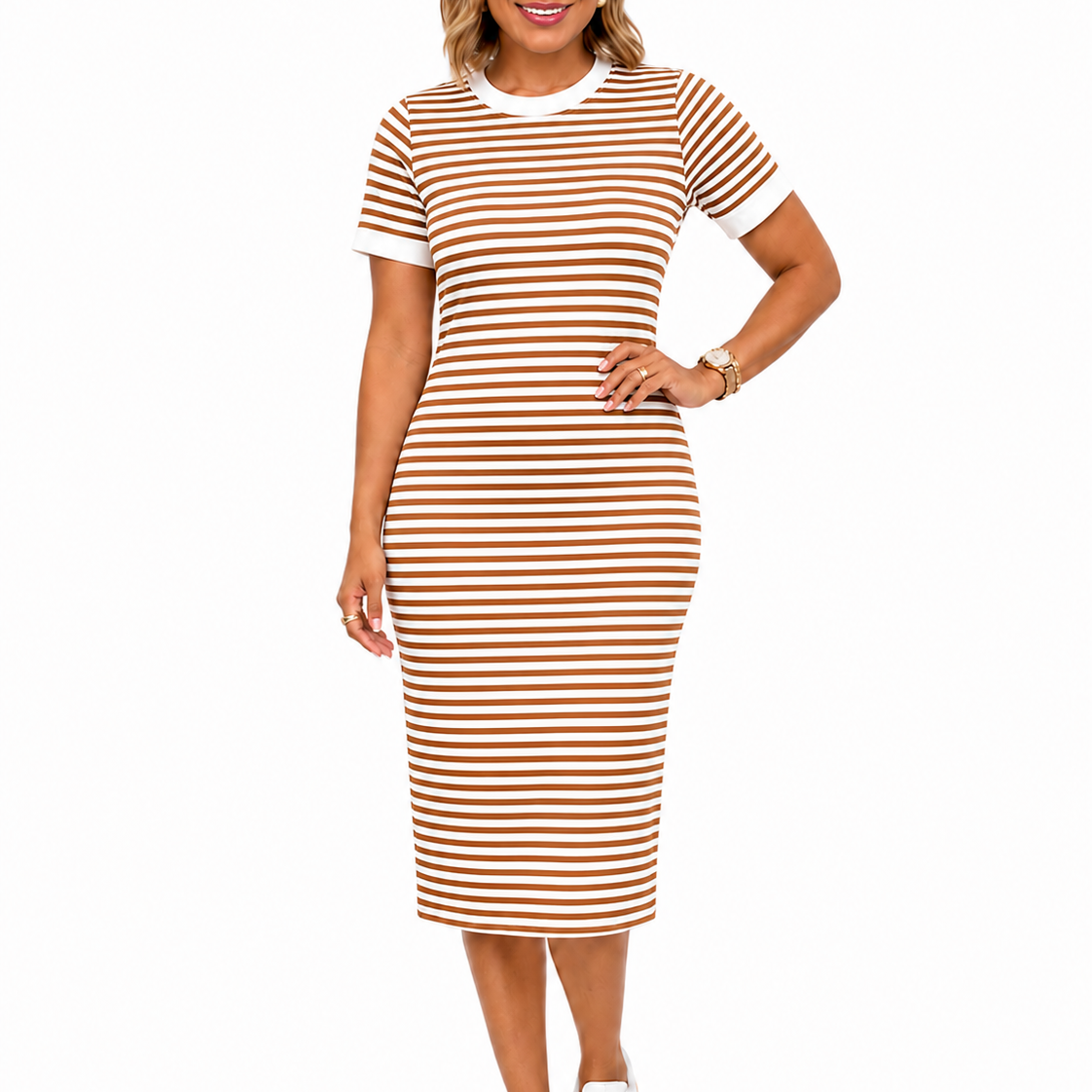 Marije | Gestreepte midi t-shirtjurk voor dames - Bruin