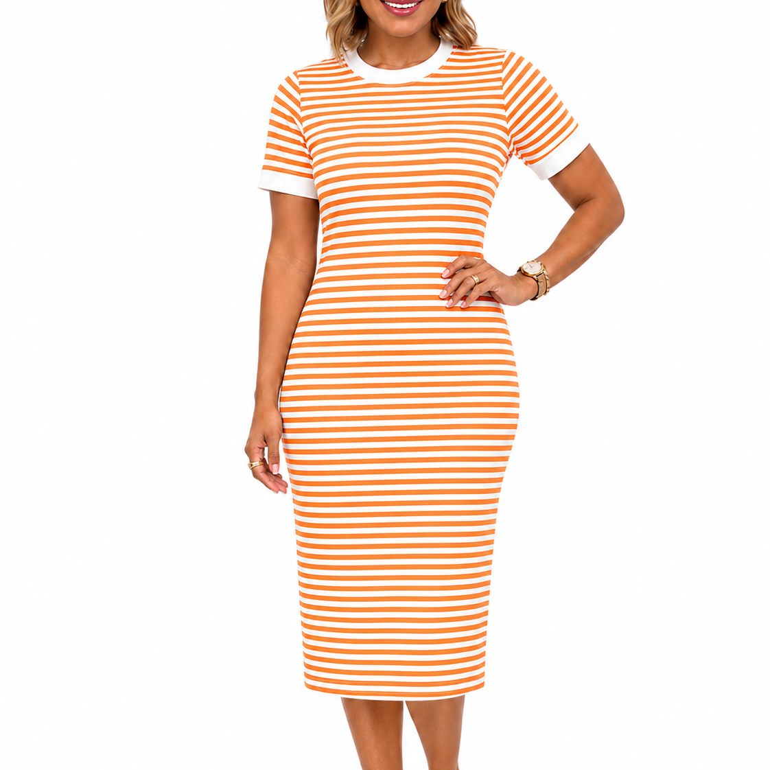 Marije | Gestreepte midi t-shirtjurk voor dames - Oranje
