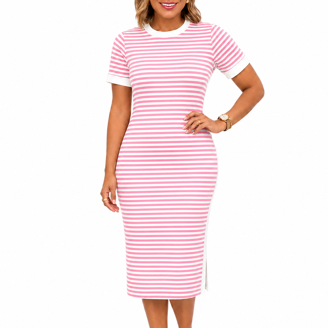 Marije | Gestreepte midi t-shirtjurk voor dames - Roze