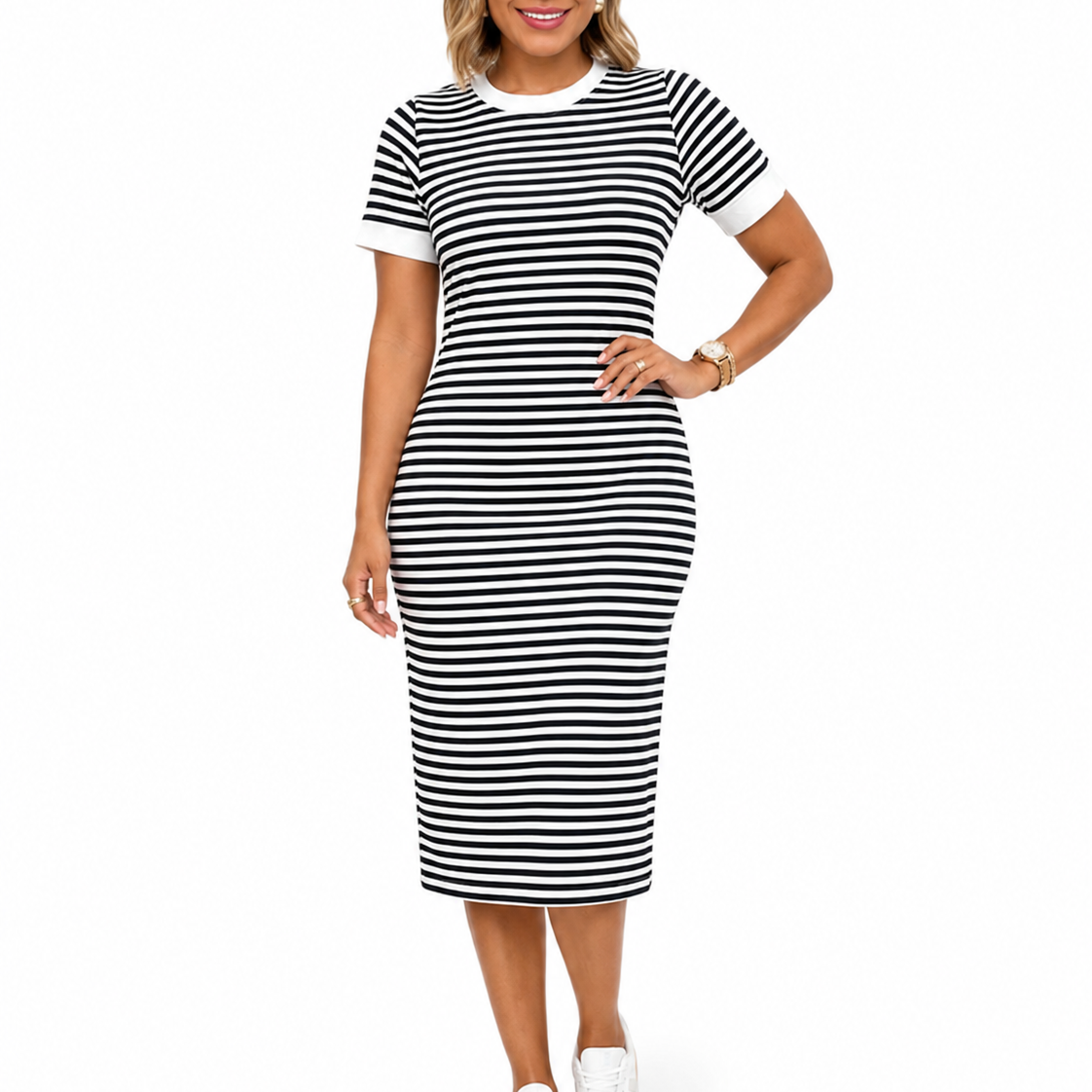 Marije | Gestreepte midi t-shirtjurk voor dames - Zwart