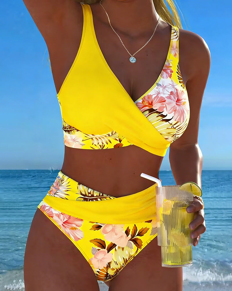 Marit | Bikini met hoge taille en bloemenprint - Geel
