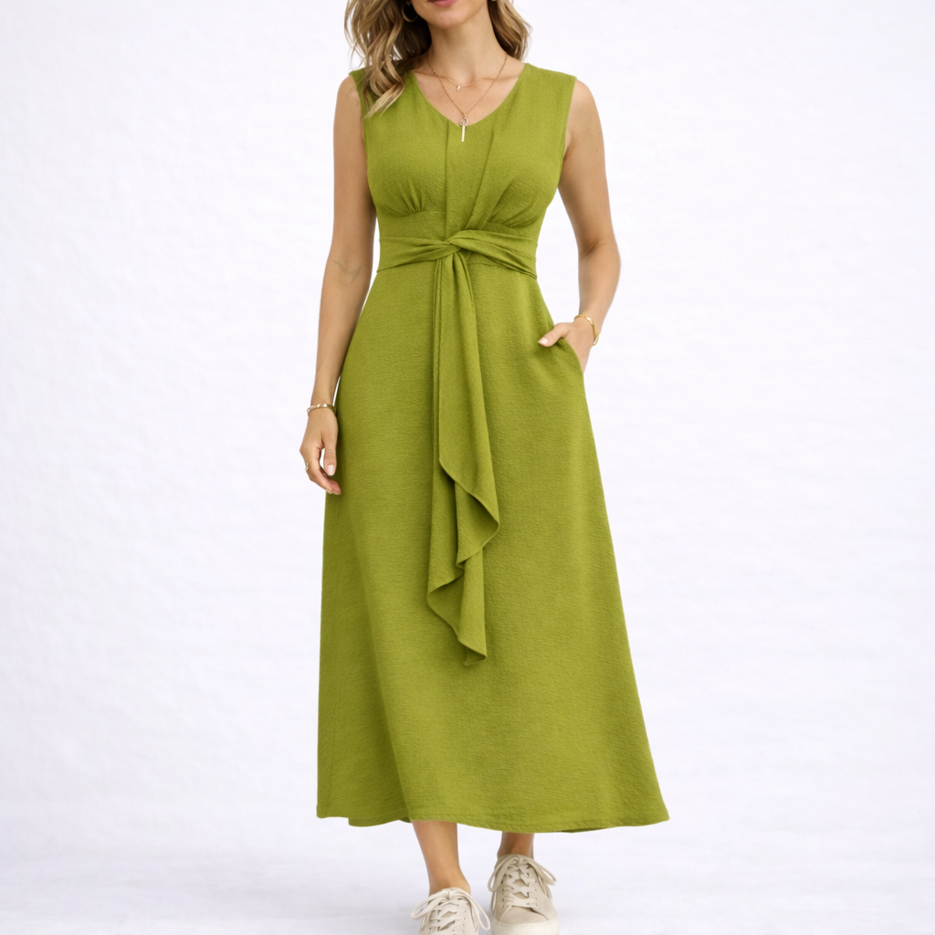 Marit | Mouwloze midi jurk met striktaille - Lichtgroen